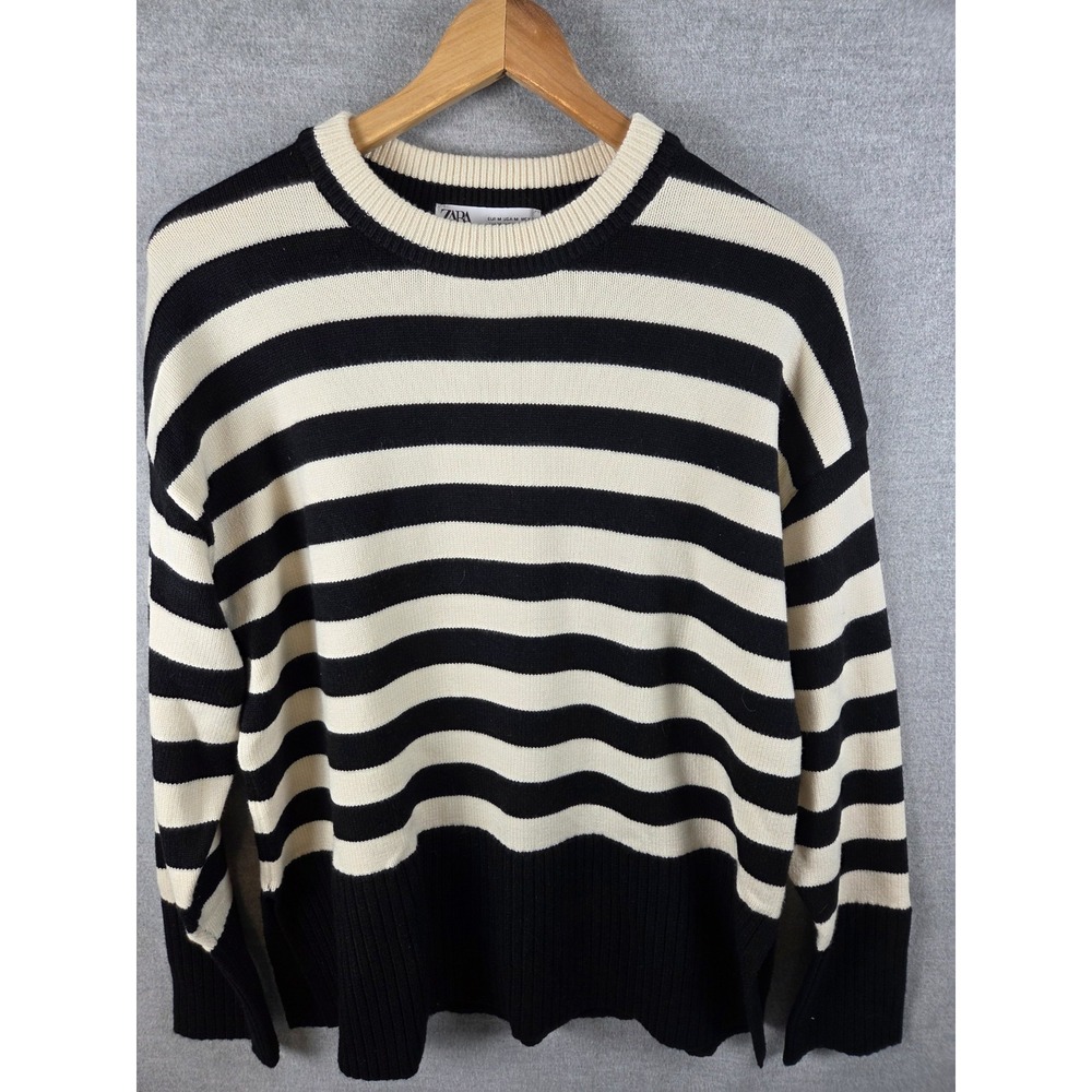 ZARA Striped Oversized Knit Sweater M Black Cream Stripe Ribbed Crew Neck